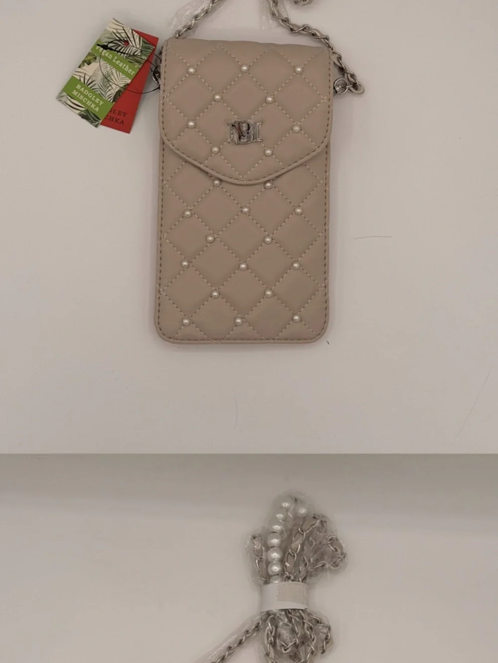 Badgley Mischka Quilted Pearl-Accent Phone Crossbody - Beige
